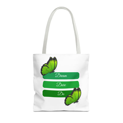 Dream, Dare & Do tote bag in white with white handles, featuring an elegant green-toned background, uplifting words, and delicate butterfly designs. Made from 100% durable polyester, perfect for work, school, or casual outings. Available in sizes 13"x13", 16"x16", 18"x18". Luminous Gem Designs.