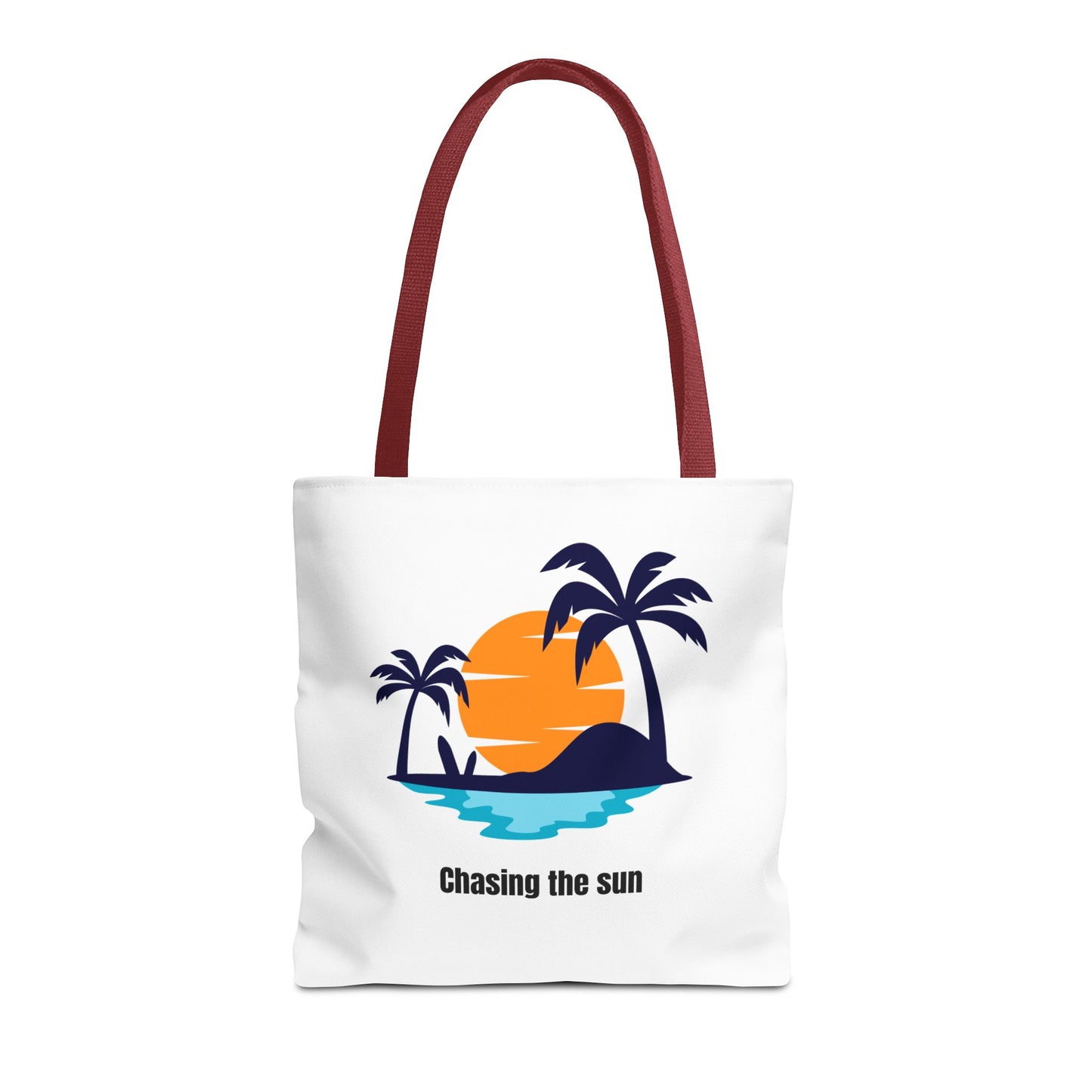 Stylish white Chasing the Sun tote bag with red handles, featuring a tropical island design with palm trees. Made from durable 100% polyester, perfect for carrying your essentials. Available in sizes 13"x13", 16"x16", 18"x18". Luminous Gem Designs.