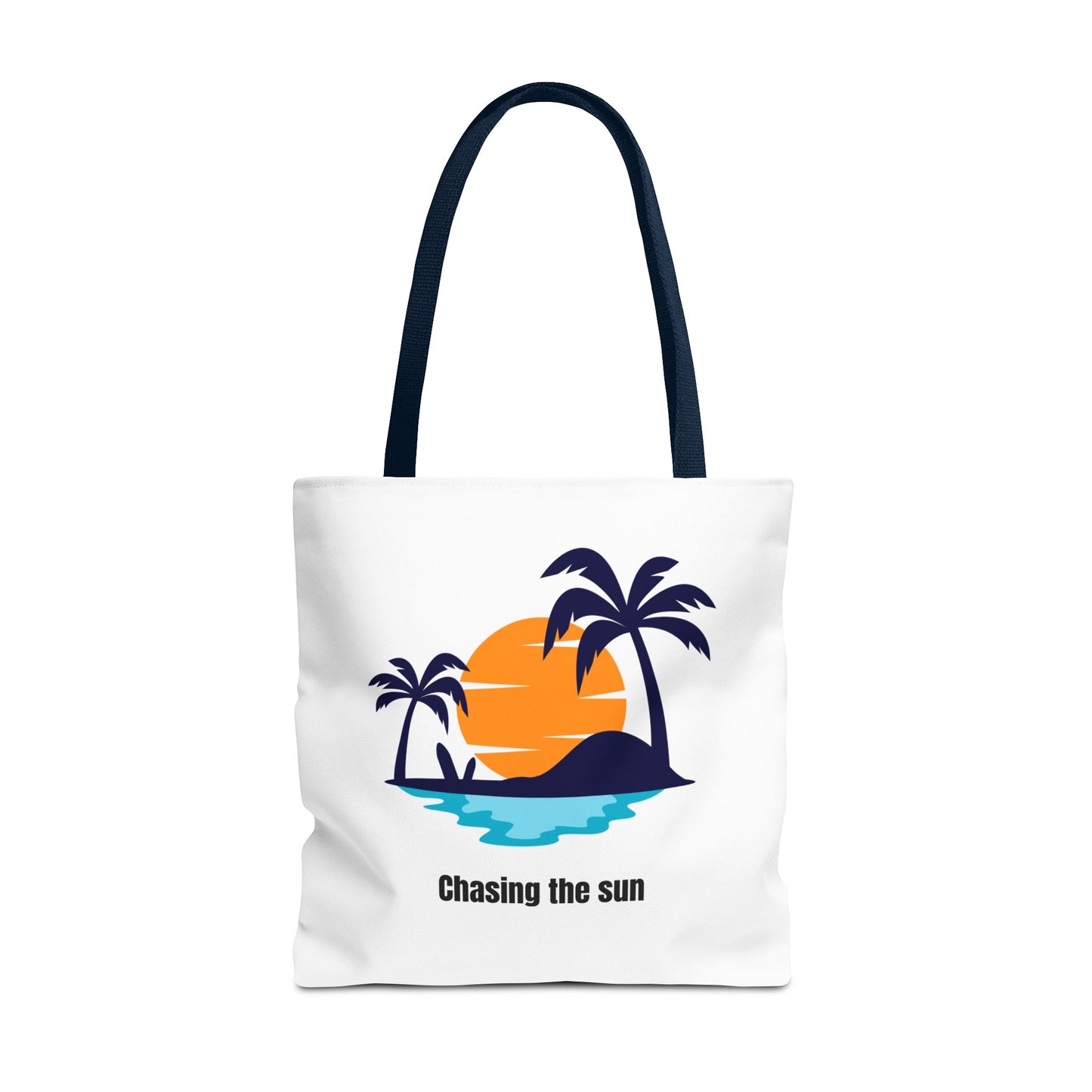 Chasing the Sun tote bag in white with navy handles, featuring a vibrant tropical palm tree design. Made from 100% polyester for durability and quick drying, perfect for casual outings. Available in sizes 13"x13", 16"x16", 18"x18". Luminous Gem Designs.