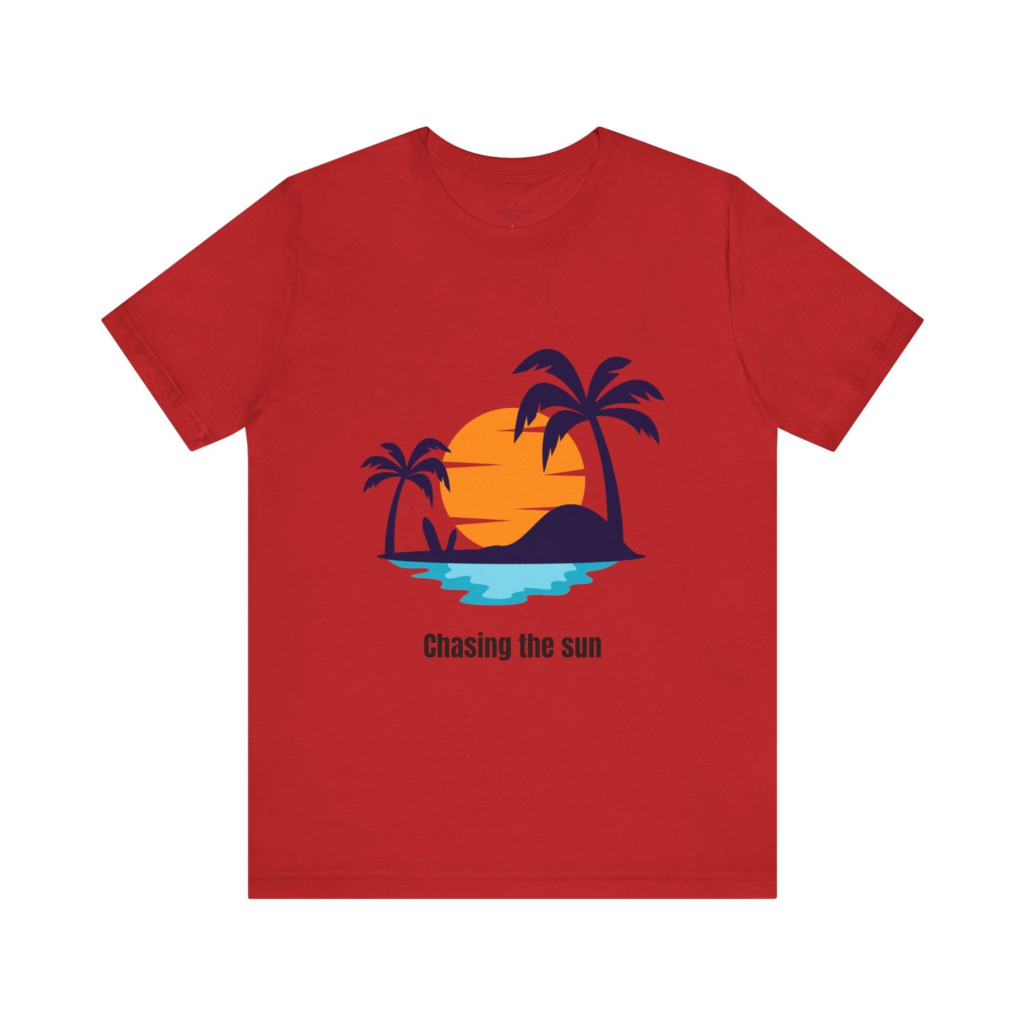 Bold red "Chasing the Sun" T-shirt with a tropical island print. Stylish, comfy, and great for beach vacations and everyday wear. Soft cotton crew neck, available in XS, S, M, L, XL, 2XL, 3XL. Luminous Gem Designs