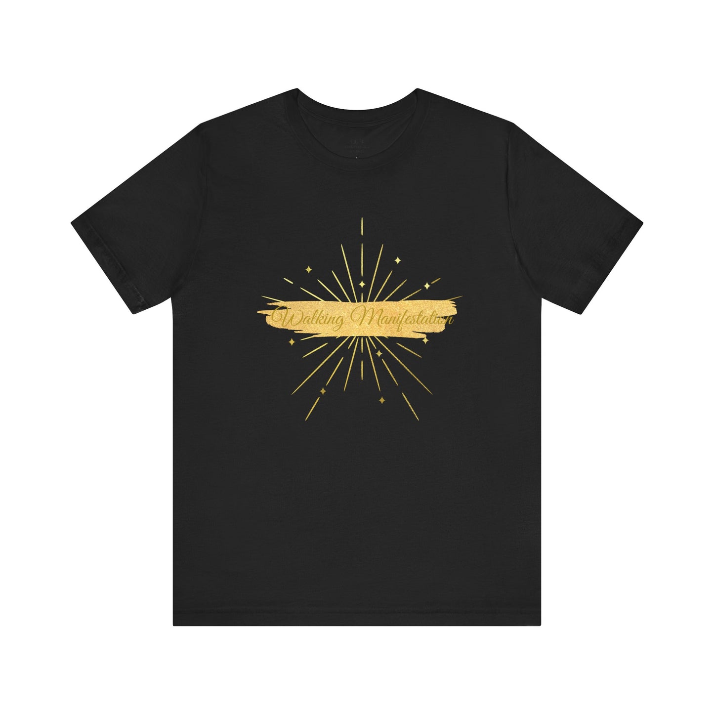 Classic black "Walking Manifestation" T-shirt featuring a gold fireworks design. Perfect for motivation, self-empowerment, and stylish everyday wear. Sizes: XS, S, M, L, XL, 2XL, 3XL. Luminous Gem Designs.