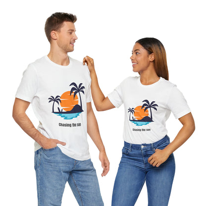 Unisex white "Chasing the Sun" T-shirt with a stylish beach-inspired design. Classic, breathable, and perfect for everyday wear and for couples to match. Available in XS, S, M, L, XL, 2XL, 3XL. Luminous Gem Designs