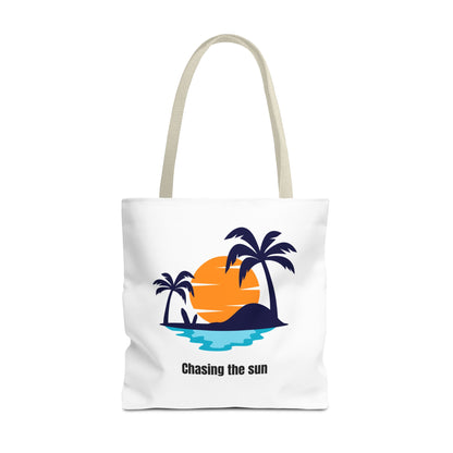 White Chasing the Sun tote bag with beige handles, showcasing a stunning tropical palm tree design. This durable 100% polyester bag offers ample space for everyday use. Available in sizes 13"x13", 16"x16", 18"x18". Luminous Gem Designs.