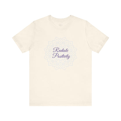 Minimalist natural "Radiate Positivity" T-shirt featuring a calming mandala print. Comfortable, lightweight, and perfect for spreading good vibes. Sizes: XS, S, M, L, XL, 2XL, 3XL. Luminous Gem Designs.