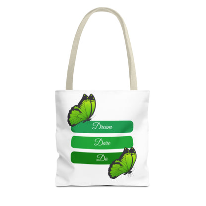 White Dream, Dare & Do tote bag with beige handles, featuring inspiring words and butterfly designs on a green-toned background. A durable 100% polyester bag with ample space for your essentials. Available in sizes 13"x13", 16"x16", 18"x18". Luminous Gem Designs.