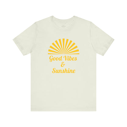 Bright citron Good Vibes and Sunshine Unisex T-shirt with a sunny graphic and uplifting Good Vibes quote. A soft, breathable cotton tee made from 100% Airlume combed and ring-spun cotton, perfect for summer outings. Sizes: XS, S, M, L, XL, 2XL, 3XL. Luminous Gem Designs.