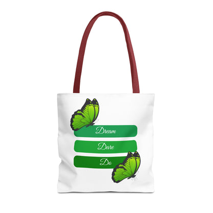 Stylish white Dream, Dare & Do tote bag with red handles, featuring a green-toned background with uplifting words and delicate butterfly designs. Crafted from 100% polyester for durability and practicality. Available in sizes 13"x13", 16"x16", 18"x18". Luminous Gem Designs.