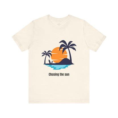 Lightweight natural-colored "Chasing the Sun" T-shirt, ideal for tropical getaways and sunny days. Stylish and breathable with a comfortable fit. Available in XS, S, M, L, XL, 2XL, 3XL. Luminous Gem Designs