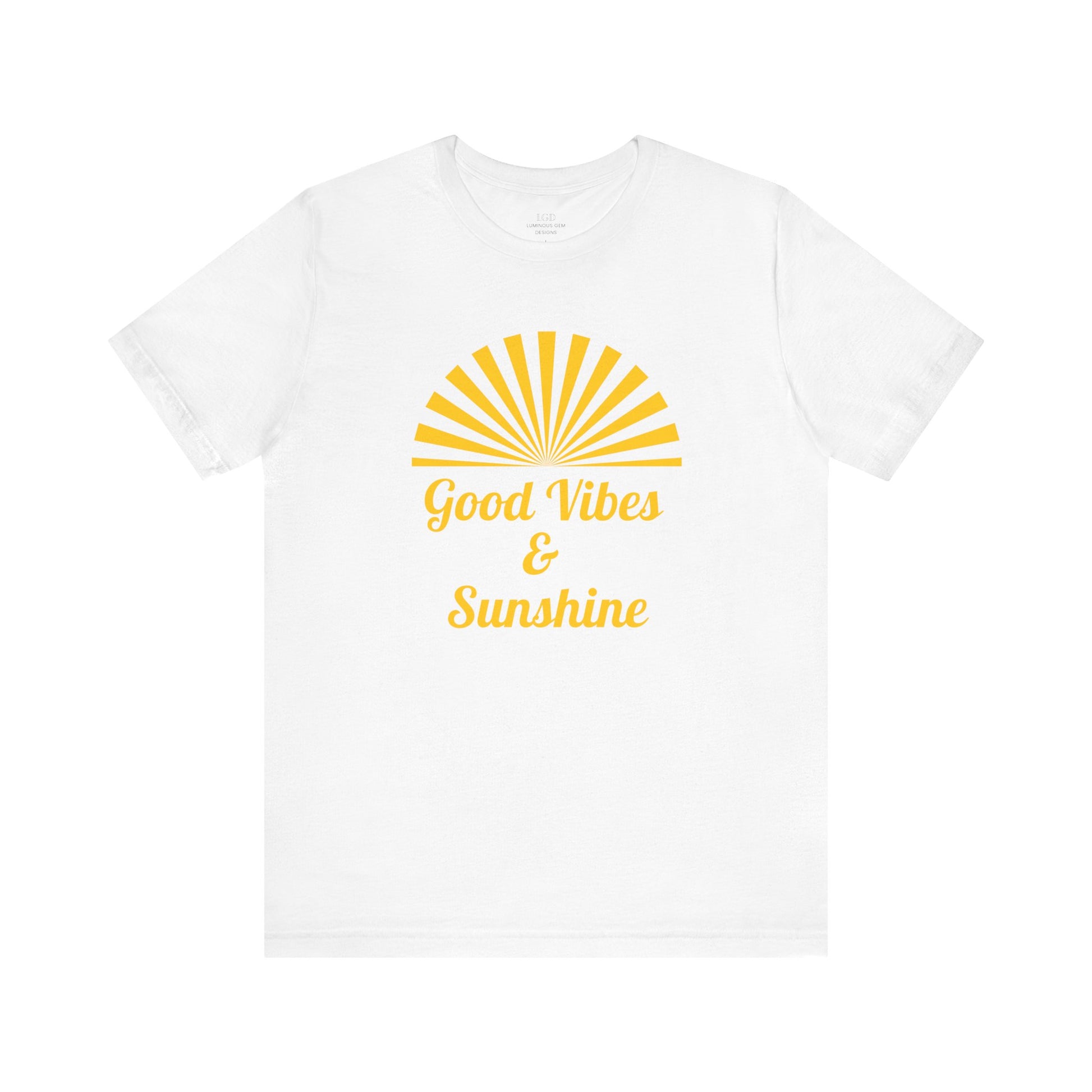 Crisp white Good Vibes and Sunshine Unisex T-shirt, featuring a cheerful sunshine design and Good Vibes quote. Made from breathable 100% Airlume combed and ring-spun cotton, ideal for casual summer styling. Sizes: XS, S, M, L, XL, 2XL, 3XL. Luminous Gem Designs