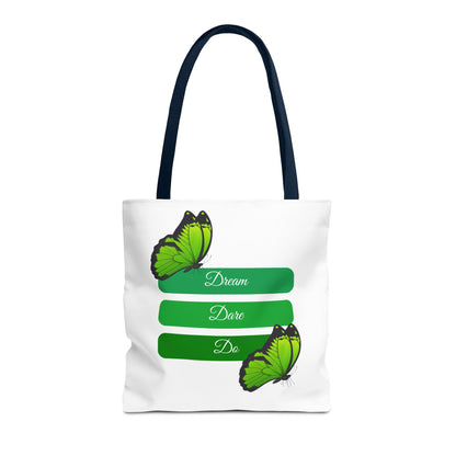 Charming white Dream, Dare & Do tote bag with navy handles, featuring a green-toned design with motivational words and butterflies. Made from durable 100% polyester, ideal for carrying books, groceries, or travel essentials. Available in sizes 13"x13", 16"x16", 18"x18". Luminous Gem Designs.