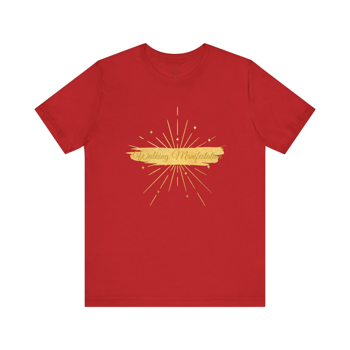 Bold red "Walking Manifestation" T-shirt with an inspiring gold fireworks print. A powerful statement piece for confident individuals embracing success. Sizes: XS, S, M, L, XL, 2XL, 3XL. Luminous Gem Designs.