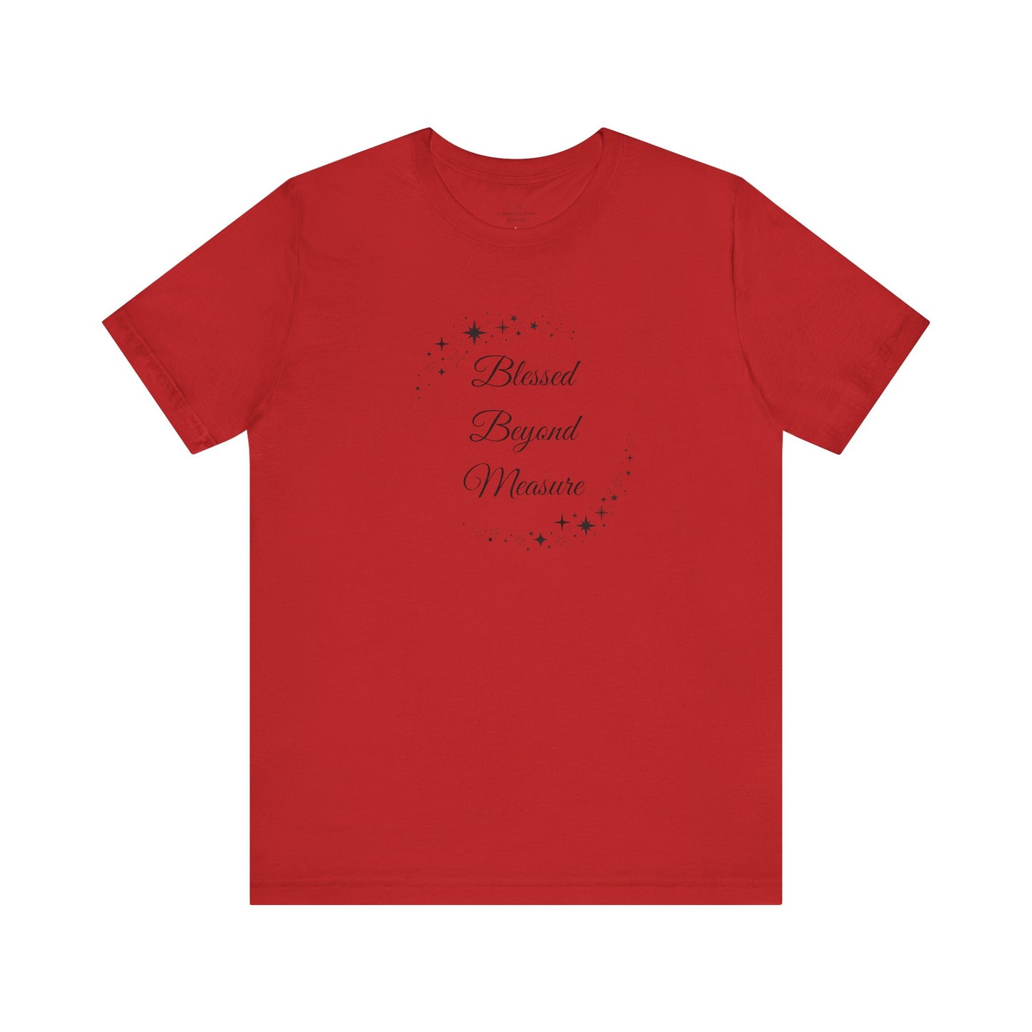 Striking red "Blessed Beyond Measure" T-shirt featuring elegant stars and a gratitude-filled message. A perfect blend of comfort and inspiration. Sizes: XS, S, M, L, XL, 2XL, 3XL. Luminous Gem Designs.