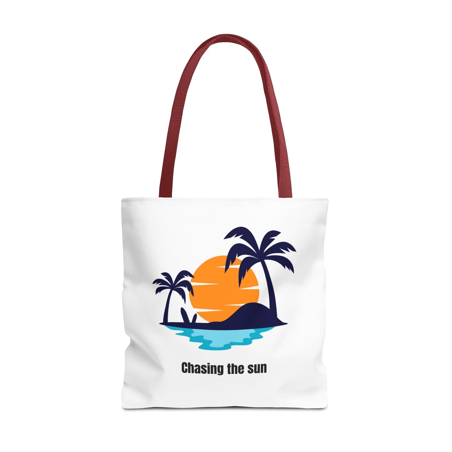 Stylish white Chasing the Sun tote bag with red handles, featuring a tropical island design with palm trees. Made from durable 100% polyester, perfect for carrying your essentials. Available in sizes 13"x13", 16"x16", 18"x18". Luminous Gem Designs.