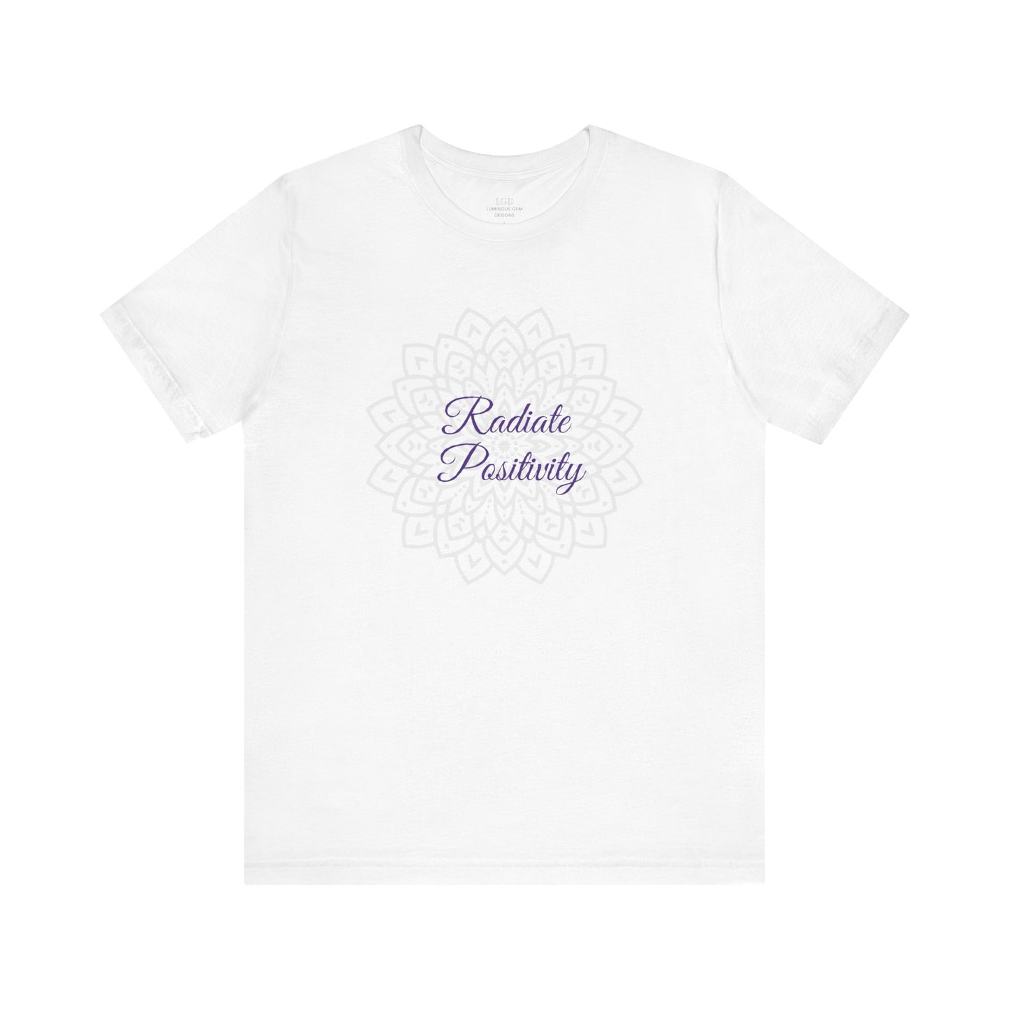 Classic white "Radiate Positivity" T-shirt with a spiritual mandala design. A timeless, feel-good tee perfect for meditation and mindfulness. Sizes: XS, S, M, L, XL, 2XL, 3XL. Luminous Gem Designs.