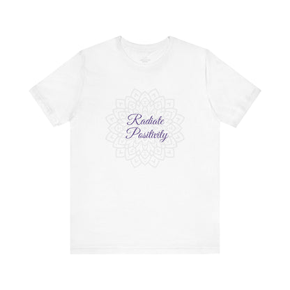 Classic white "Radiate Positivity" T-shirt with a spiritual mandala design. A timeless, feel-good tee perfect for meditation and mindfulness. Sizes: XS, S, M, L, XL, 2XL, 3XL. Luminous Gem Designs.