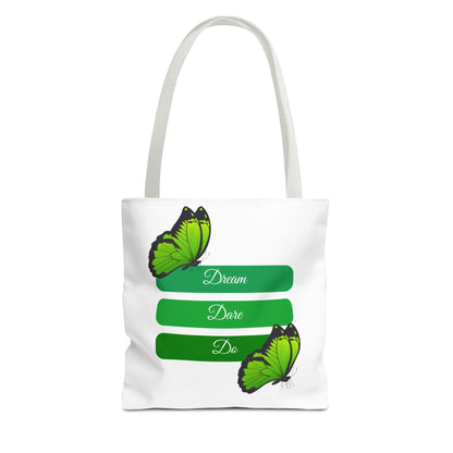 Dream, Dare & Do tote bag in white with white handles, featuring an elegant green-toned background, uplifting words, and delicate butterfly designs. Made from 100% durable polyester, perfect for work, school, or casual outings. Available in sizes 13"x13", 16"x16", 18"x18". Luminous Gem Designs.