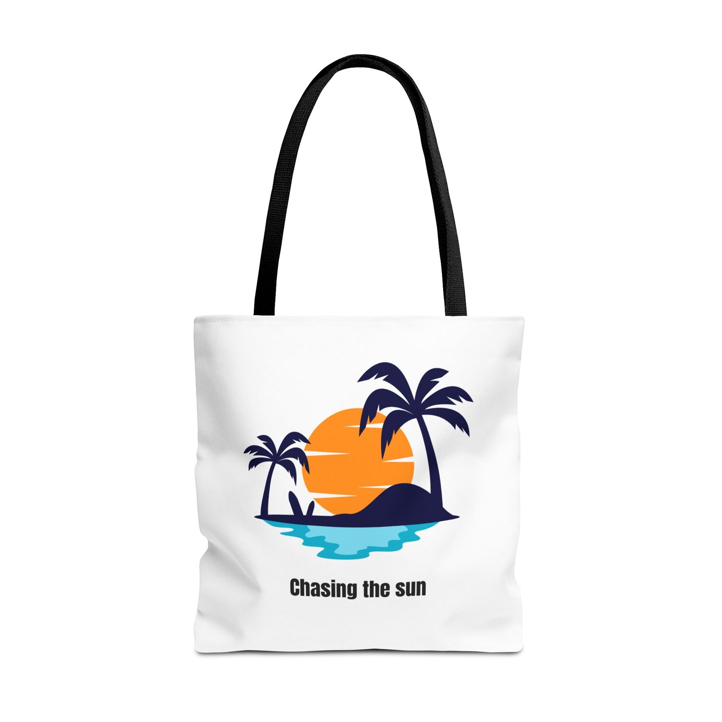 Chasing the Sun tote bag in white with black handles, featuring a tropical palm tree design. This durable 100% polyester tote is perfect for summer adventures, beach trips, or grocery runs. Available in sizes 13"x13", 16"x16", 18"x18". Luminous Gem Designs.