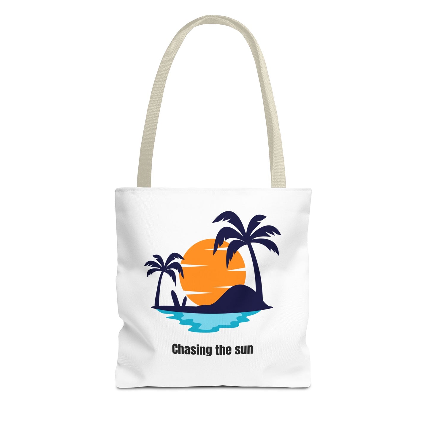 White Chasing the Sun tote bag with beige handles, showcasing a stunning tropical palm tree design. This durable 100% polyester bag offers ample space for everyday use. Available in sizes 13"x13", 16"x16", 18"x18". Luminous Gem Designs.