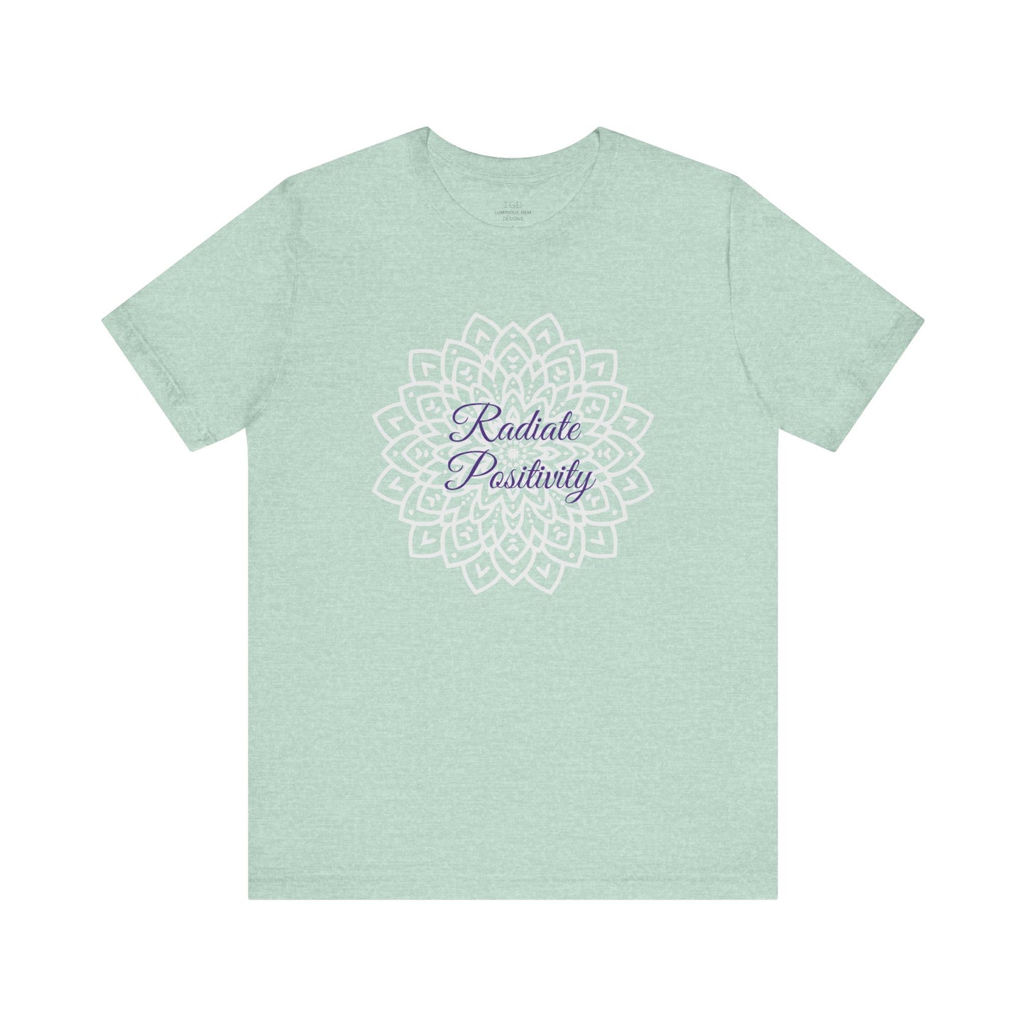 Refreshing heather prism mint "Radiate Positivity" T-shirt with a stylish mandala print. Soft, trendy, and great for wellness and self-care enthusiasts. Sizes: XS, S, M, L, XL, 2XL, 3XL. Luminous Gem Designs.