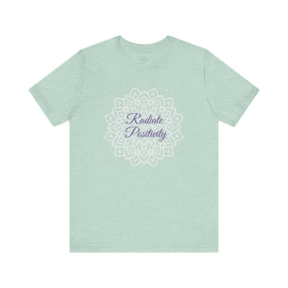 Refreshing heather prism mint "Radiate Positivity" T-shirt with a stylish mandala print. Soft, trendy, and great for wellness and self-care enthusiasts. Sizes: XS, S, M, L, XL, 2XL, 3XL. Luminous Gem Designs.