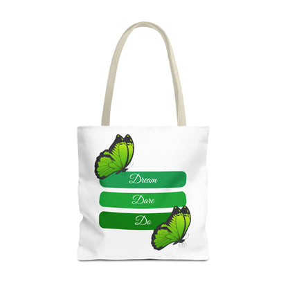 White Dream, Dare & Do tote bag with beige handles, featuring inspiring words and butterfly designs on a green-toned background. A durable 100% polyester bag with ample space for your essentials. Available in sizes 13"x13", 16"x16", 18"x18". Luminous Gem Designs.