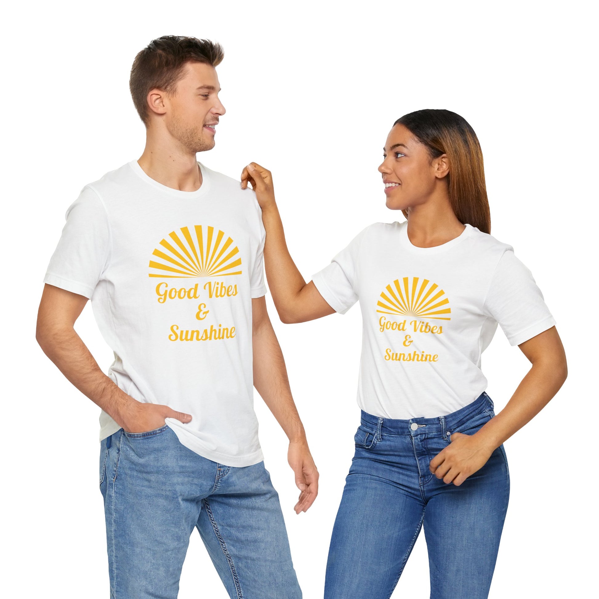 A Man and Woman wearing a Crisp white Good Vibes and Sunshine Unisex T-shirt, featuring a cheerful sunshine design and Good Vibes quote. Made from breathable 100% Airlume combed and ring-spun cotton, ideal for casual summer styling. Sizes: XS, S, M, L, XL, 2XL, 3XL. Luminous Gem Designs.