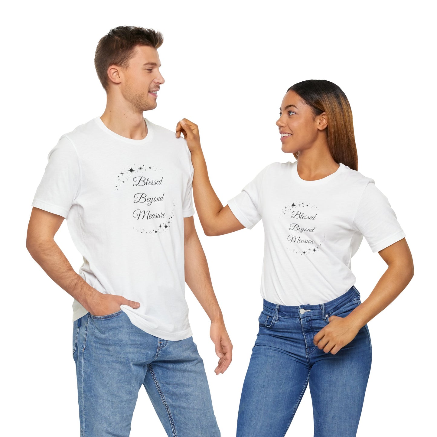 A man and a woman wearing a unisex Classic white "Blessed Beyond Measure" T-shirt with a timeless celestial star design. A fresh and inspiring wardrobe essential. Sizes: XS, S, M, L, XL, 2XL, 3XL. Luminous Gem Designs.