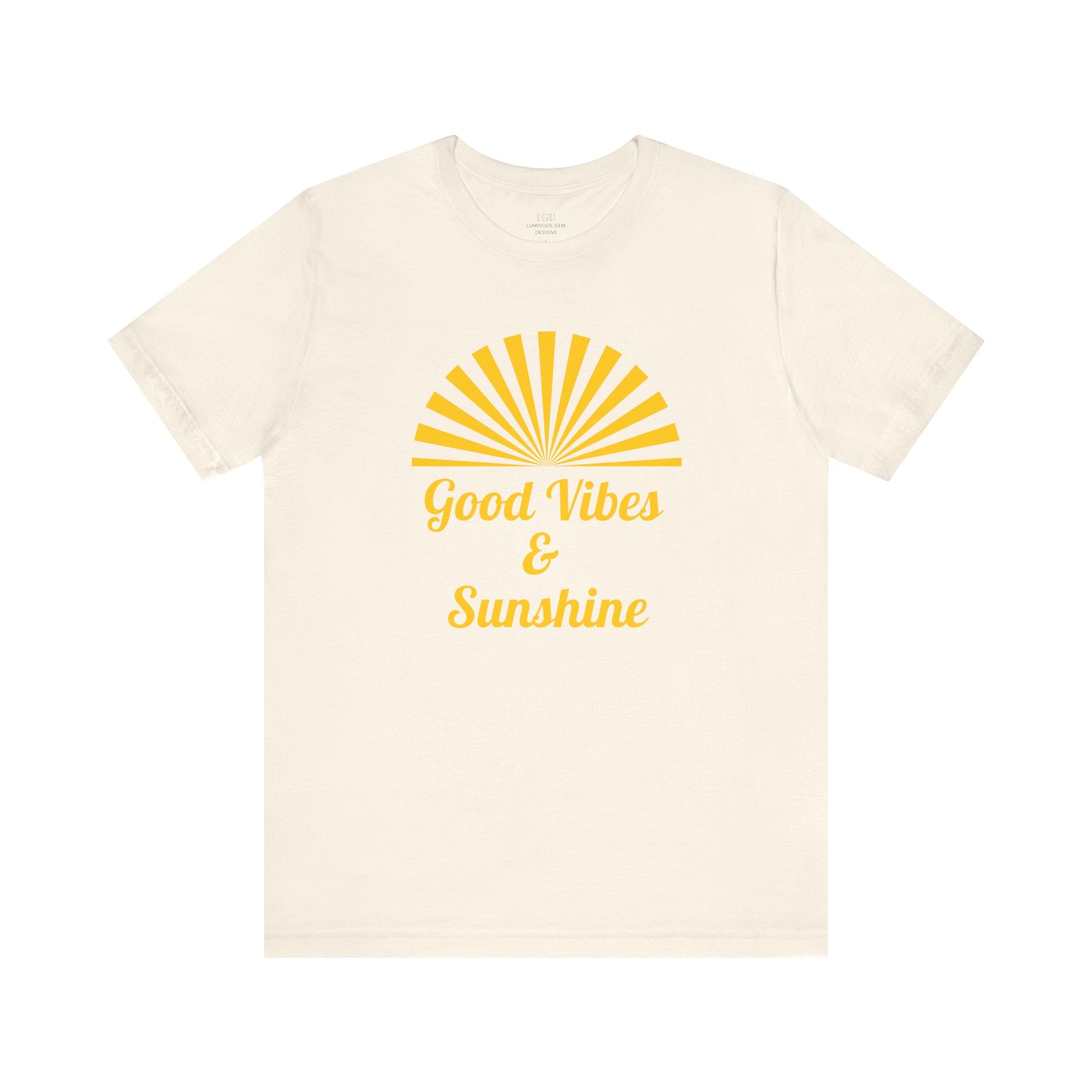 Lightweight and breathable Good Vibes and Sunshine Unisex T-shirt in natural, featuring a sunshine design and cheerful Good Vibes quote. Made from 100% Airlume combed and ring-spun cotton, perfect for casual wear. Sizes: XS, S, M, L, XL, 2XL, 3XL. Luminous Gem Designs