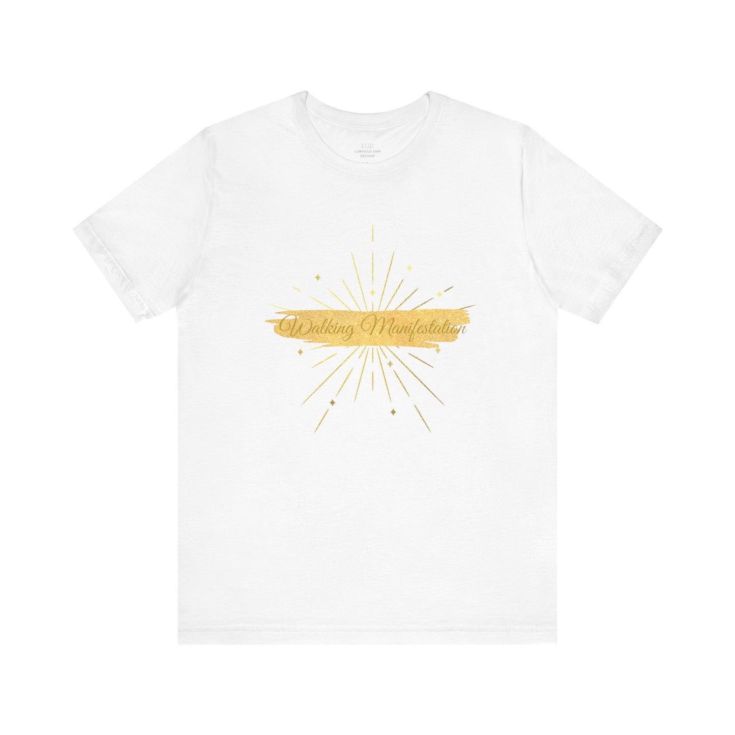 Crisp white "Walking Manifestation" T-shirt featuring a gold fireworks print. The perfect breathable tee for daily wear and empowerment. Sizes: XS, S, M, L, XL, 2XL, 3XL. Luminous Gem Designs.