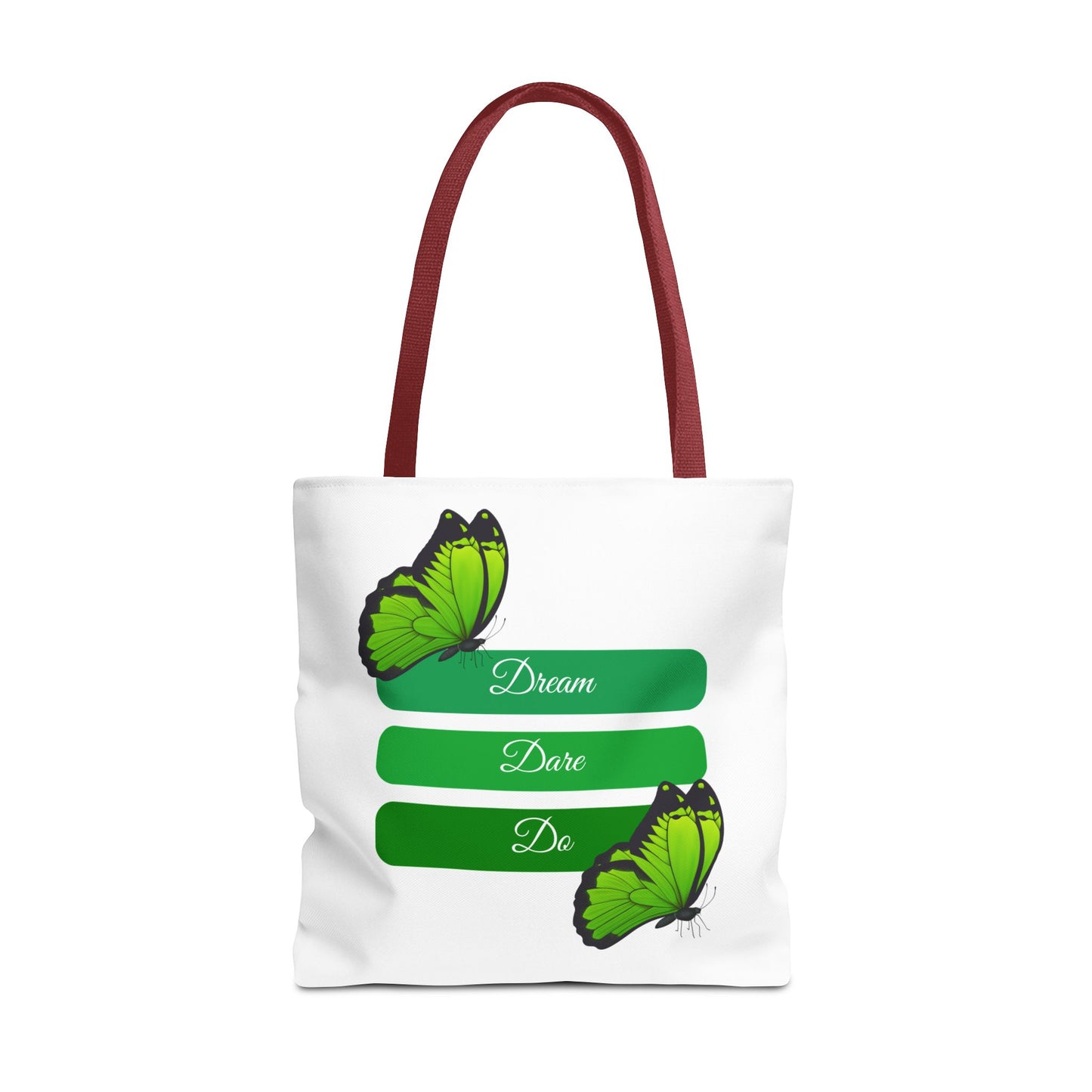 Stylish white Dream, Dare & Do tote bag with red handles, featuring a green-toned background with uplifting words and delicate butterfly designs. Crafted from 100% polyester for durability and practicality. Available in sizes 13"x13", 16"x16", 18"x18". Luminous Gem Designs.