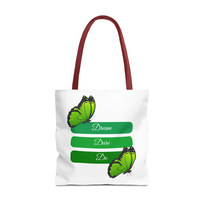 Stylish white Dream, Dare & Do tote bag with red handles, featuring a green-toned background with uplifting words and delicate butterfly designs. Crafted from 100% polyester for durability and practicality. Available in sizes 13"x13", 16"x16", 18"x18". Luminous Gem Designs.