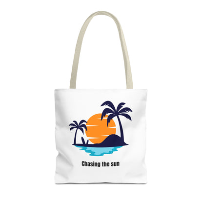 White Chasing the Sun tote bag with beige handles, showcasing a stunning tropical palm tree design. This durable 100% polyester bag offers ample space for everyday use. Available in sizes 13"x13", 16"x16", 18"x18". Luminous Gem Designs.