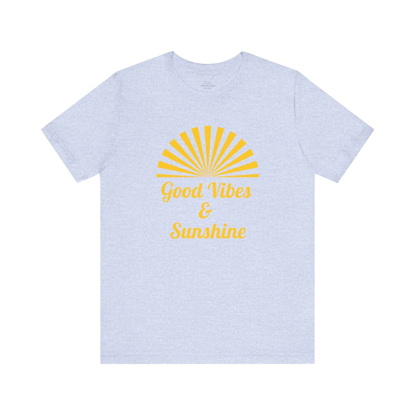 Heather prism blue Good Vibes and Sunshine Unisex T-shirt featuring a vibrant sunshine design and Good Vibes quote. Made from lightweight 100% Airlume combed and ring-spun cotton, ideal for casual, relaxed wear. Sizes: XS, S, M, L, XL, 2XL, 3XL. Luminous Gem Designs.