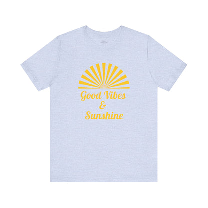 Heather prism blue Good Vibes and Sunshine Unisex T-shirt featuring a vibrant sunshine design and Good Vibes quote. Made from lightweight 100% Airlume combed and ring-spun cotton, ideal for casual, relaxed wear. Sizes: XS, S, M, L, XL, 2XL, 3XL. Luminous Gem Designs.