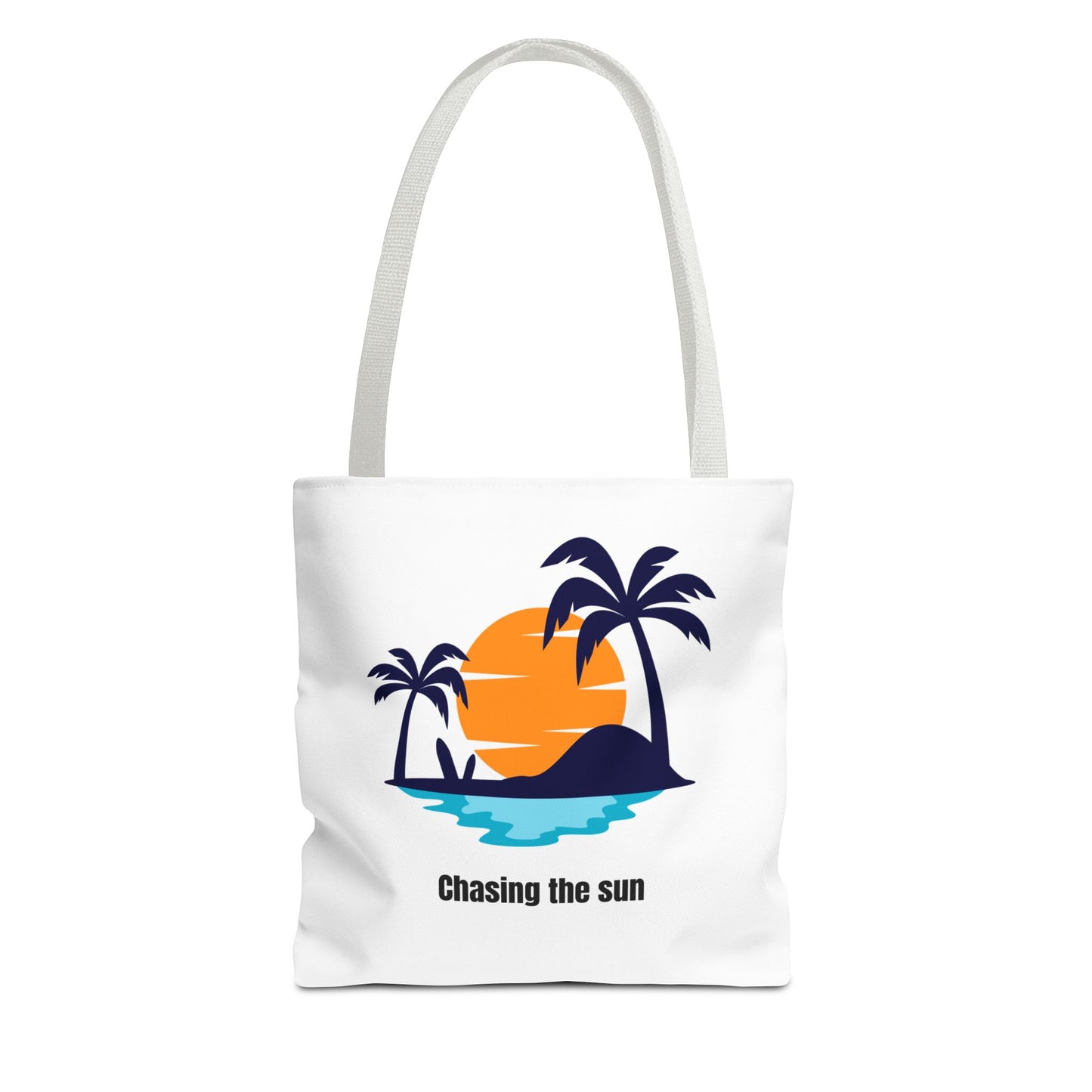 Chasing the Sun tote bag in white with white handles, featuring a tropical island design with palm trees. Made from durable 100% polyester, this spacious bag is perfect for beach trips, grocery runs, or gym visits. Available in sizes 13"x13", 16"x16", 18"x18". Luminous Gem Designs.