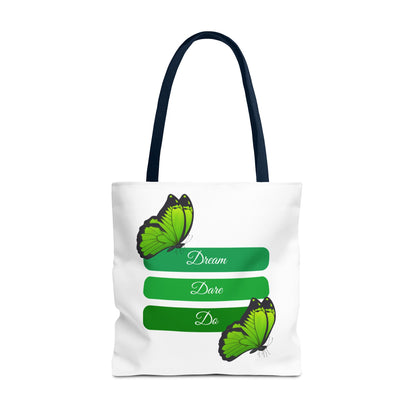 Charming white Dream, Dare & Do tote bag with navy handles, featuring a green-toned design with motivational words and butterflies. Made from durable 100% polyester, ideal for carrying books, groceries, or travel essentials. Available in sizes 13"x13", 16"x16", 18"x18". Luminous Gem Designs.