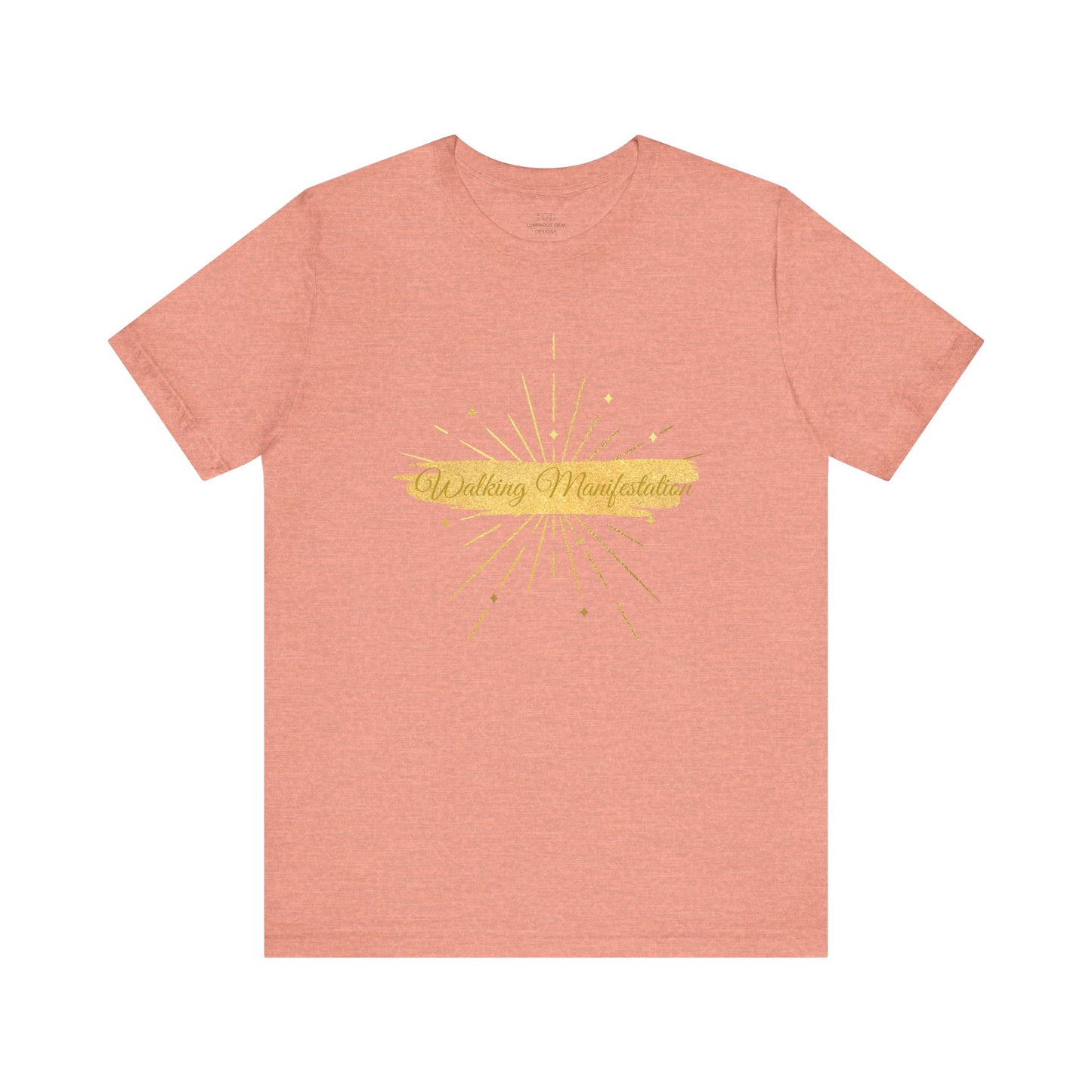 Heather sunset "Walking Manifestation" T-shirt with a bold gold fireworks print. A stylish, lightweight tee for those embracing self-belief and motivation. Sizes: XS, S, M, L, XL, 2XL, 3XL. Luminous Gem Designs.