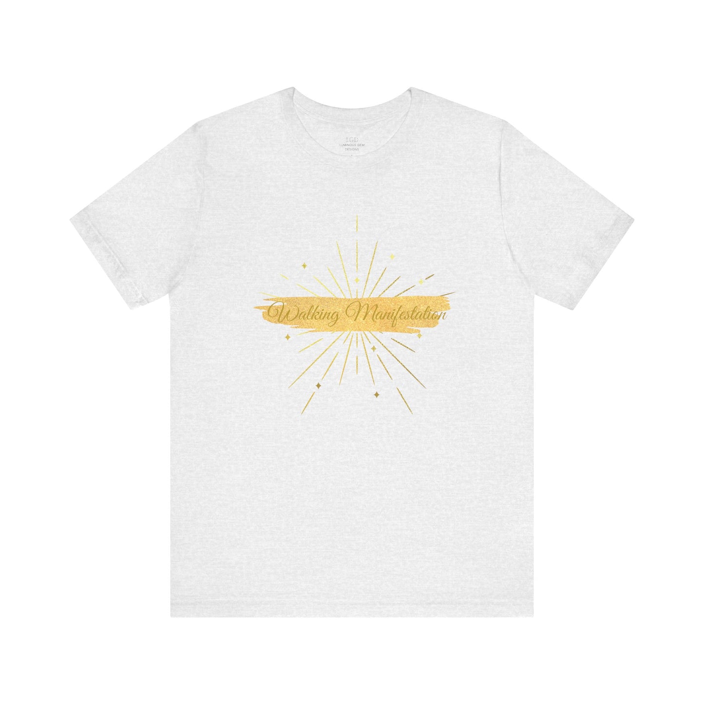 Minimalist ash gray "Walking Manifestation" T-shirt with a gold design symbolizing manifestation and success. Soft, lightweight, and versatile. Sizes: XS, S, M, L, XL, 2XL, 3XL. Luminous Gem Designs.